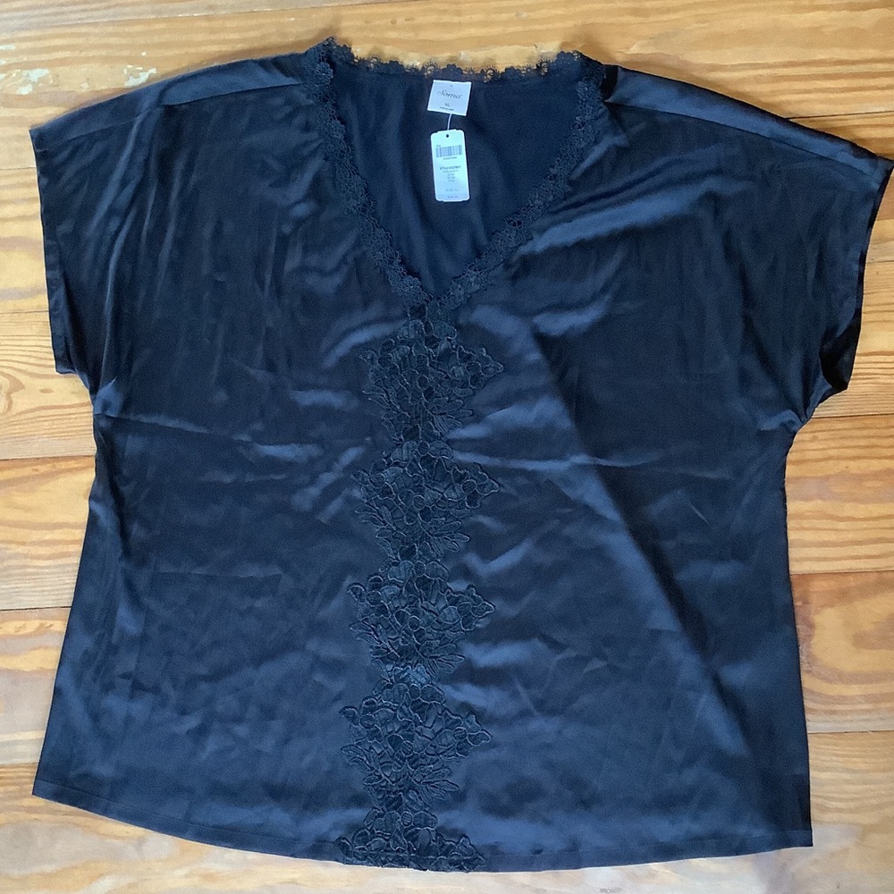 NWT Soma Satin PJ top Shirt Pajama XL black lace trim